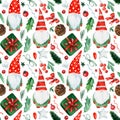 Seamless pattern, Christmas background, Toy Santa, elf, holly, bows. Watercolor drawings