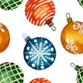 Seamless pattern of Christmas balls. Watercolour illustration of hand painted. Holiday ornamental decorations the happy new year. Royalty Free Stock Photo