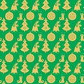 Seamless pattern with Christmas bell with holly, a ball, a tree, stocking with snowflakes. Flat elements in shades of gold on the Royalty Free Stock Photo