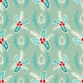 Seamless pattern with Christmas bells and holly berry. Royalty Free Stock Photo