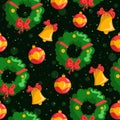 Seamless pattern with christmas bow bells, fir mistletoe garland and globes. Green, red and yellow illustration for december Royalty Free Stock Photo