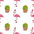 Seamless pattern with christmas cactus and winter flamingo in Santa hat and shoes. Christmas design for cards