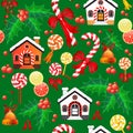 Seamless pattern of Christmas Candy Cane, bell, house and holly.