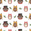Seamless pattern with Christmas cats heads, merry Christmas illustrations of cute cats with accessories such as knitted hats and