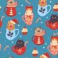 Seamless pattern with Christmas cats in mugs. Vector graphics