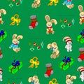 Seamless pattern with Christmas characters and decorations on a green background.
