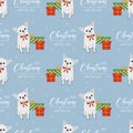 Seamless pattern with Christmas Chihuahua in hand drawn style. Greeting text Merry Christmas and Happy New Year. Background for