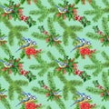 Seamless pattern with Christmas decor. Spruce paws and winter Titmous Birds. Gift decoration, background or backside for cards