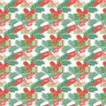 Seamless pattern.Christmas decorations and boxes with gifts festive background with branches of spruce and boot of Santa Claus