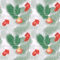 Seamless pattern.Christmas decorations and boxes with gifts festive background with branches of spruce and boot of Santa Claus