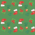 Seamless pattern.Christmas decorations and boxes with gifts festive background with branches of spruce and boot of Santa Claus