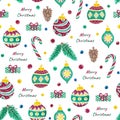 Seamless pattern with Christmas decorations, gifts, pine, cones and balls
