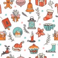 Seamless pattern with Christmas elements in doodle style vector