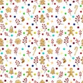 Seamless pattern of Christmas elements. Holiday ornamental decorations for the happy new year. Watercolour illustration.