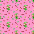 Seamless pattern with Christmas elfes girls, candy cane, sweets, tree balls. New year Xmas backgrounds and textures. For greeting