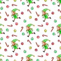 Seamless pattern with Christmas elfes girls, candy cane, sweets, tree balls. New year Xmas backgrounds and textures. For greeting