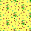 Seamless pattern with Christmas elfes girls, candy cane, sweets, tree balls. New year Xmas backgrounds and textures. For greeting