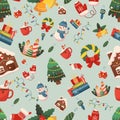 Seamless Pattern with Christmas Fir Tree, Garland, Bells and Socks. Gingerbread House, Candles, Snowman and Mittens Royalty Free Stock Photo