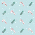 Seamless Pattern with Christmas Flat Icons. Cute vector cartoon Illustration. Candy cane and twig.