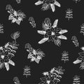 Seamless pattern with Christmas flowers painted chalk on blackboard. Vector.