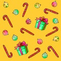 Seamless pattern with Christmas gift boxes, candy cane, sweets, xmas tree balls. New year Xmas background and texture. Seamless Royalty Free Stock Photo