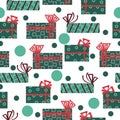 Seamless pattern of Christmas gifts in green colors with red bows on a white background, green circles and patterned packaging Royalty Free Stock Photo