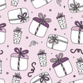 Seamless Pattern of Christmas Gifts on Pink background vector Doodle Christmas Concept