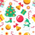Seamless pattern christmas gifts. Winter holiday kids background, funny characters, snowman, new year tree, toys and Royalty Free Stock Photo