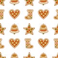 Seamless pattern with Christmas gingerbread cookies - bell, xmas stocking, star, heart. Royalty Free Stock Photo