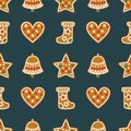 Seamless pattern with Christmas gingerbread cookies - bell, Xmas stocking, star, heart. Royalty Free Stock Photo