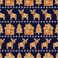 Seamless pattern with Christmas gingerbread cookies - xmas tree, star, deer, house.