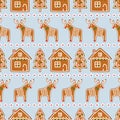 Seamless pattern with Christmas gingerbread cookies - Xmas tree, star, deer, house. Royalty Free Stock Photo