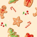 Seamless pattern with Christmas gingerbread decorated man, gift, christmas tree. Royalty Free Stock Photo