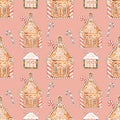 Seamless pattern of Christmas gingerbread houses and sweets