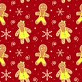 Seamless pattern with Christmas gingerbread men and women, stars, spiral
