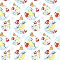 Seamless pattern with Christmas Glass Ball with red rowan Branches, winter birds couple Blue tit on white background Royalty Free Stock Photo