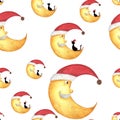 Seamless pattern with christmas half moon face with black cat