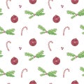 Seamless pattern with christmas holly, candies and balls decoration on a white background Royalty Free Stock Photo