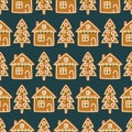 Seamless pattern with Christmas homemade gingerbread cookies - Xmas tree and cute house.