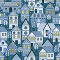 Seamless pattern with Christmas houses and Christmas tree. Great for fabric, textile vector illustration