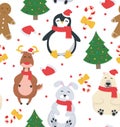 Seamless pattern. Christmas illustration with fir tree, deer, penguin, bunny, polar bear, caramel and gingerbread man. Royalty Free Stock Photo