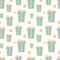 Seamless pattern of Christmas isolated icons on a white background. Winter holiday symbols. Bright gift boxes with bows Royalty Free Stock Photo