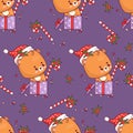 Seamless pattern with Christmas little bear cub wearing Santa hat in gift box with striped caramel stick on purple Royalty Free Stock Photo