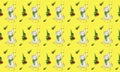 Seamless pattern with Christmas mice on yellow background. Hand drawn illustration with alcohol-based markers. Royalty Free Stock Photo