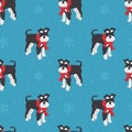 Seamless pattern with Christmas Miniature Schnauzer in hand drawn style. Background for wrapping paper, greeting cards and