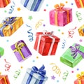 Seamless pattern with Christmas and New Year gifts. watercolor.