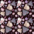 Seamless pattern with Christmas and New Year symbolics. Watercolor illustration.