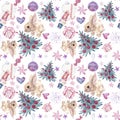 Seamless pattern with Christmas and New Year symbolics. Watercolor illustration.