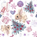 Seamless pattern with Christmas and New Year symbolics. Watercolor illustration.