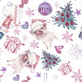 Seamless pattern with Christmas and New Year symbolics. Watercolor illustration.